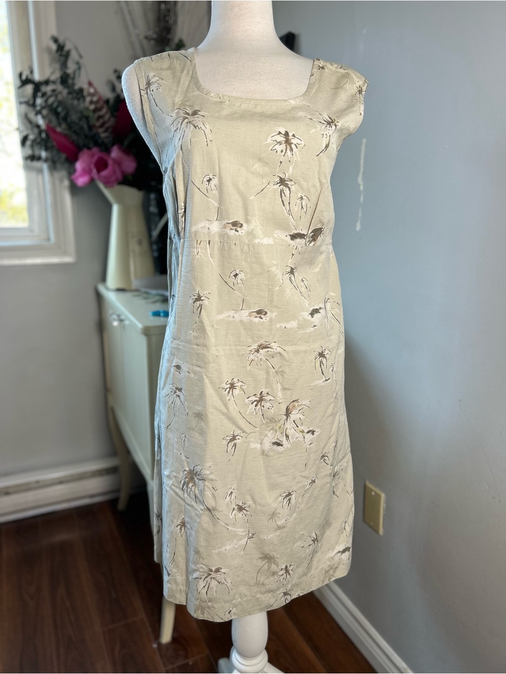 Columbia Silk Cotton Blend Palm Print Shift Dress XL Sage